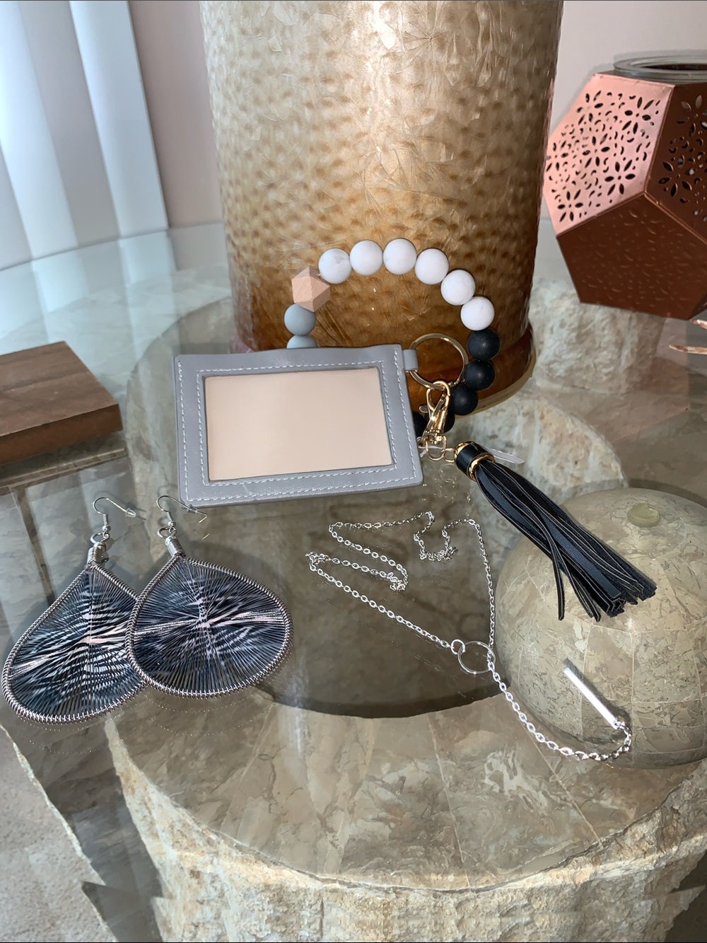 Gray Beaded ID Holder with Black Tassel, Earrings & Lariat Necklace Bundle